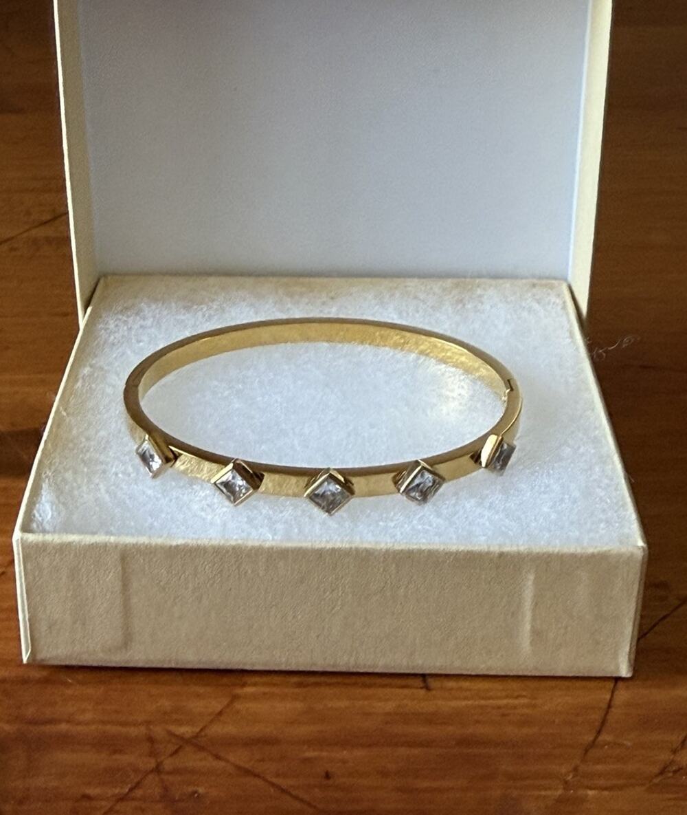 Gold Tone Crystal Hinged Bangle Bracelet Modern Geometric Minimalist Stackable